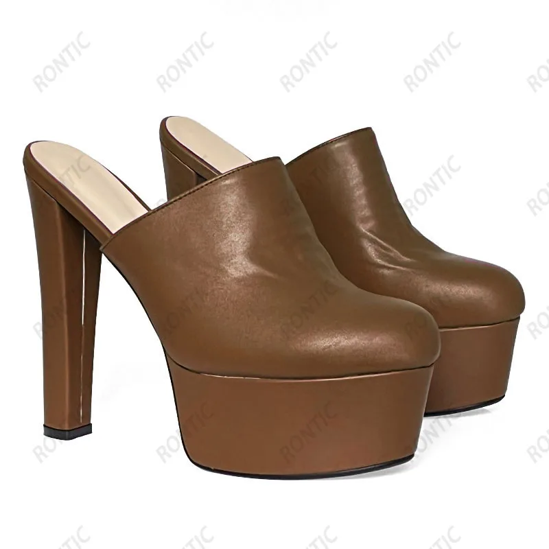 Rontic Handmade kobiety sandały na platformie pasek na kostkę Unisex Block Heel Peep Toe eleganckie czarne brązowe obuwie US rozmiar 5-20