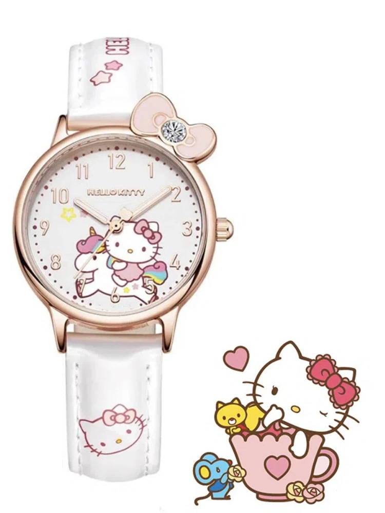 MINISO Sanrio Water Resistant Watches Kawaii Cartoon Anime Hello Kitty Kuromi High Quality White Leather Watch Girl Gifts