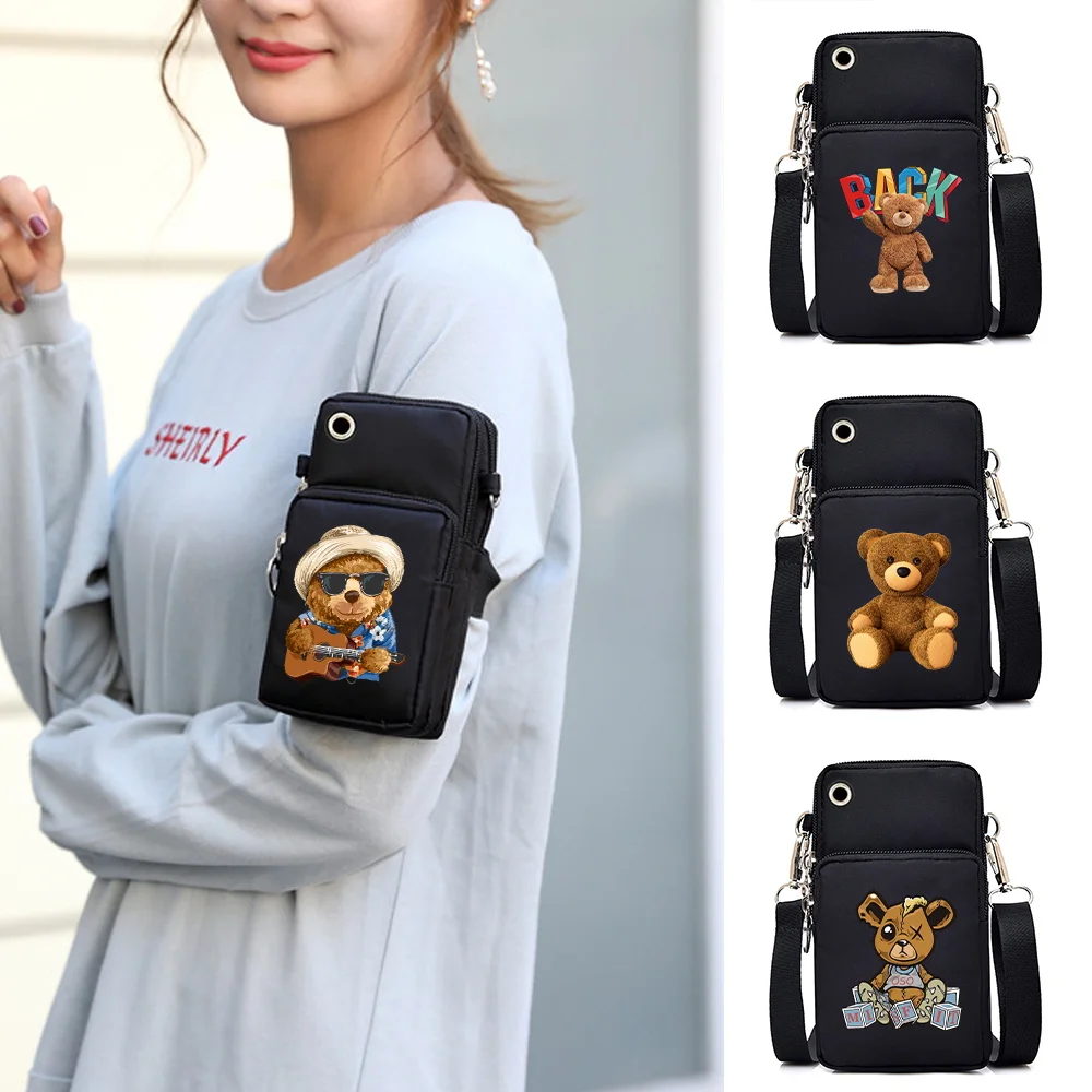 

New Mobile Phone Bag Bear Printing Mini Double Layer Bag Zipper Purse Multi-layer Casual Outdoor Travel Adjustable Shoulder Bags