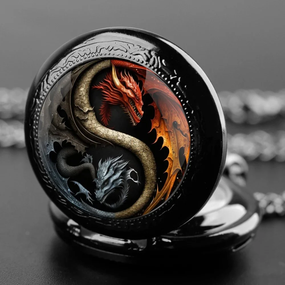 Yin-Yang Dragon Unique Creative Quartz Pocket Watches Necklace Accessory Chain Clock Kids Souvenir Best Gifts For Children Men