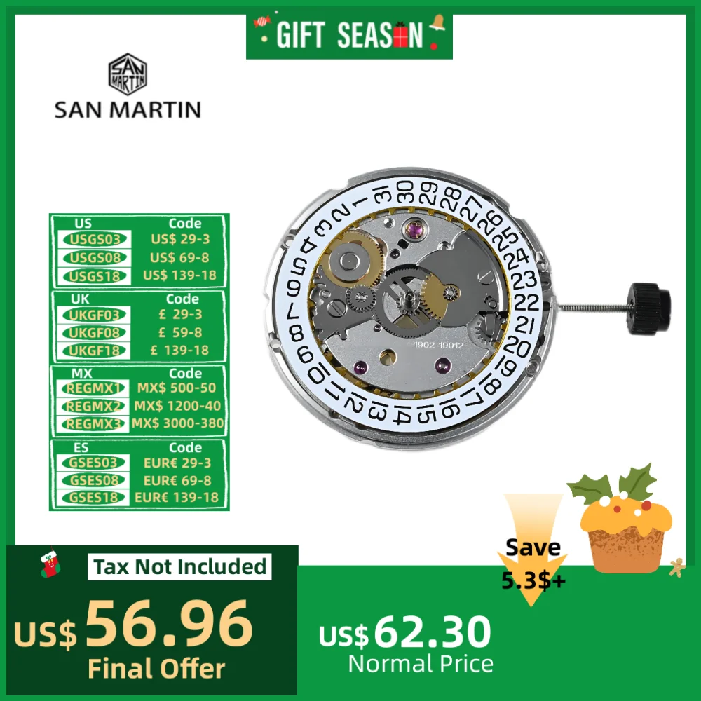 Watch Automatic Mechanical Movement PT5000 3H Self-Wind Movt Replace Accessories White Date Window High Accuracy 28800 VPH Clone