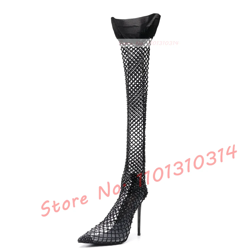 Colorful Crystal Mesh Long Boots Women Elegant Sparkly Nude Over Knee Boots Summer Luxury Pointy Ruffles Fashion Breathable Shoe