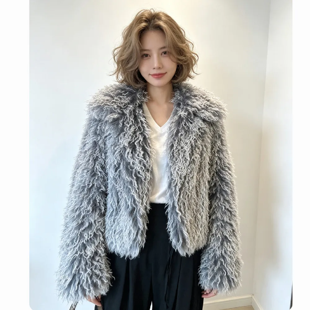 Winter Women Blue Gray Gradual Hairy Curly Faux Sheep Fur Coat Lapel Collar Loose Short Warm Shaggy Jacket Vintage Outerwear