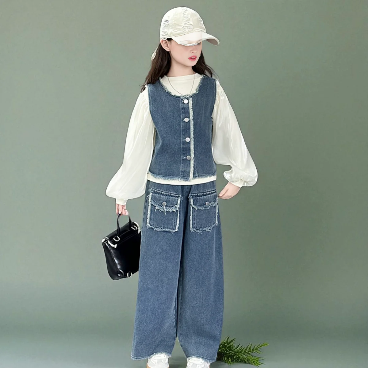 

Наряды для девочек Джинсовый спортивный костюм Детский жилет, рубашка и брюки Костюм из 3 предметов Для маленьких детей Повседневные костюмы Комплект школьной формы для девочек 6 8 9 13 лет