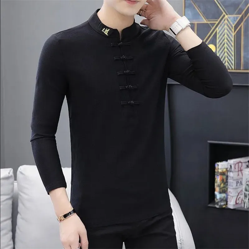 Tang Suit Men Cotton Hemp T-Shirt Chinese Style Disc Buckle Stand Collar Zhongshan Suit Vintage Long-Sleeve Top Casual Camisetas