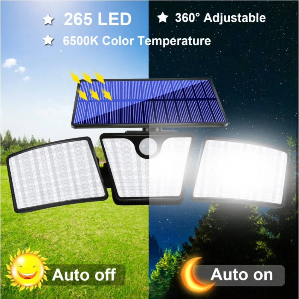 265 LED Solar-Bewegungssensor-Wandleuchte, IP65, wasserdicht, 3-köpfige Sicherheitslampe für den Außenbereich, 3000 Lumen, 6500 K, 270 °   Weitwinkellicht 360 °   Solarmodul 180 °   Verstellbare Köpfe