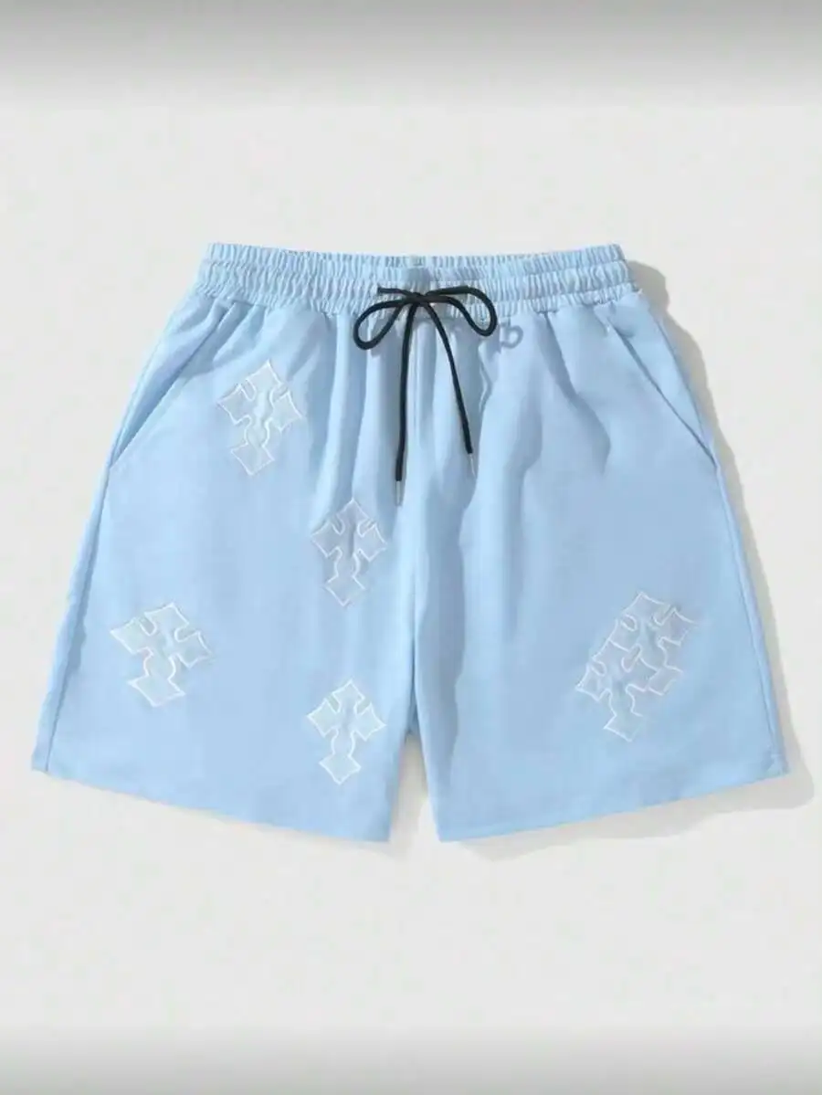 

Light Blue Mens Embroidered Cross Motif Loose Summer Shorts With Elastic Waist And Black Drawstring