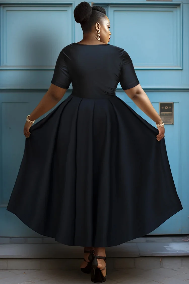 Vrouwen Plus Size Zwarte Jurk Korte Mouw Zomer Casual Geplooide A-lijn Basic Lange Jurk Ronde Hals Mode Avondfeest Jurken