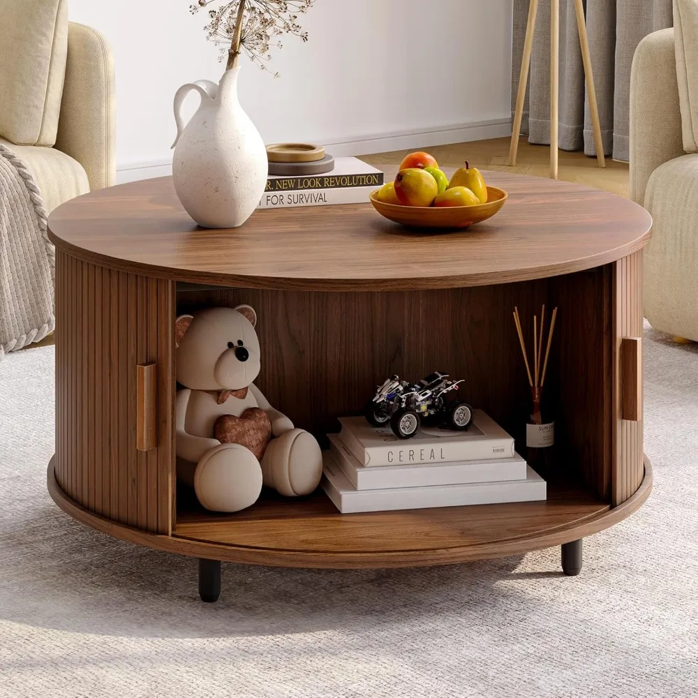

Round Coffee Table with Storage, 31.5" Modern Coffee Table with 360° Curved Sliding Door, Fluted Wood Accent Coffee Table with A