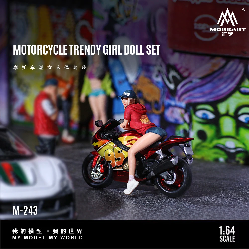 MoreArt 1:64 Resin Model Motorcycle Lightning Red Trendy Girl Figure Set Mini Scene Collectible Doll view 5