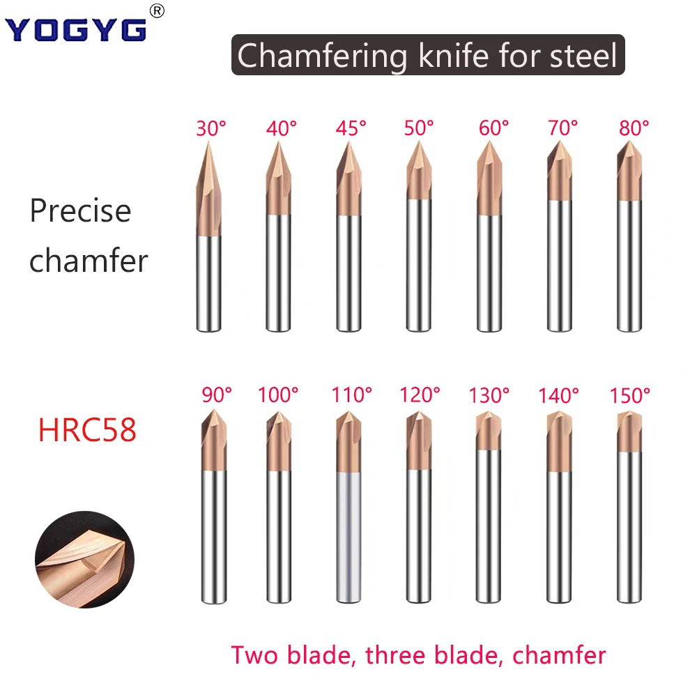 HRC58 Chamfer Milling Cutter 30/40/45/50/60/90/120-150/ Degrees 2-3 Flute CNC Engraving Milling Tool Carbide Chamfering End Mill