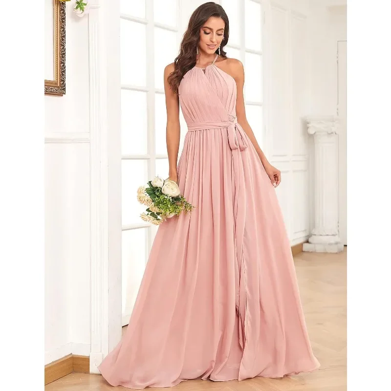 Wakuta-Vestido largo De gasa con cuello Halter para mujer, traje De dama De honor con bolsillo, sencillo, Formal, elegante, para fiesta De noche