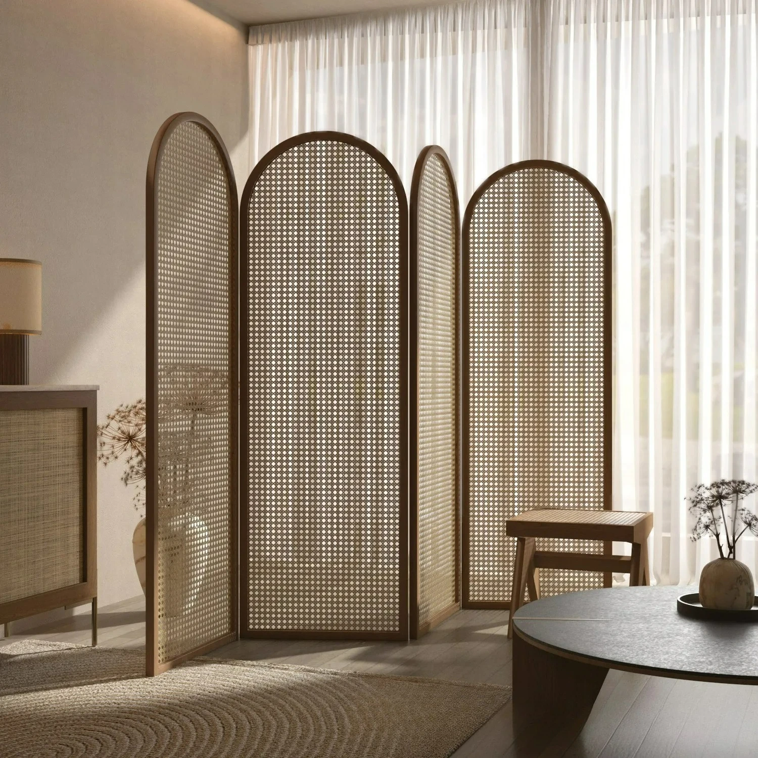 Schermo pieghevole in rattan massello personalizzabile che blocca partizioni divisorie semplici pieghevoli