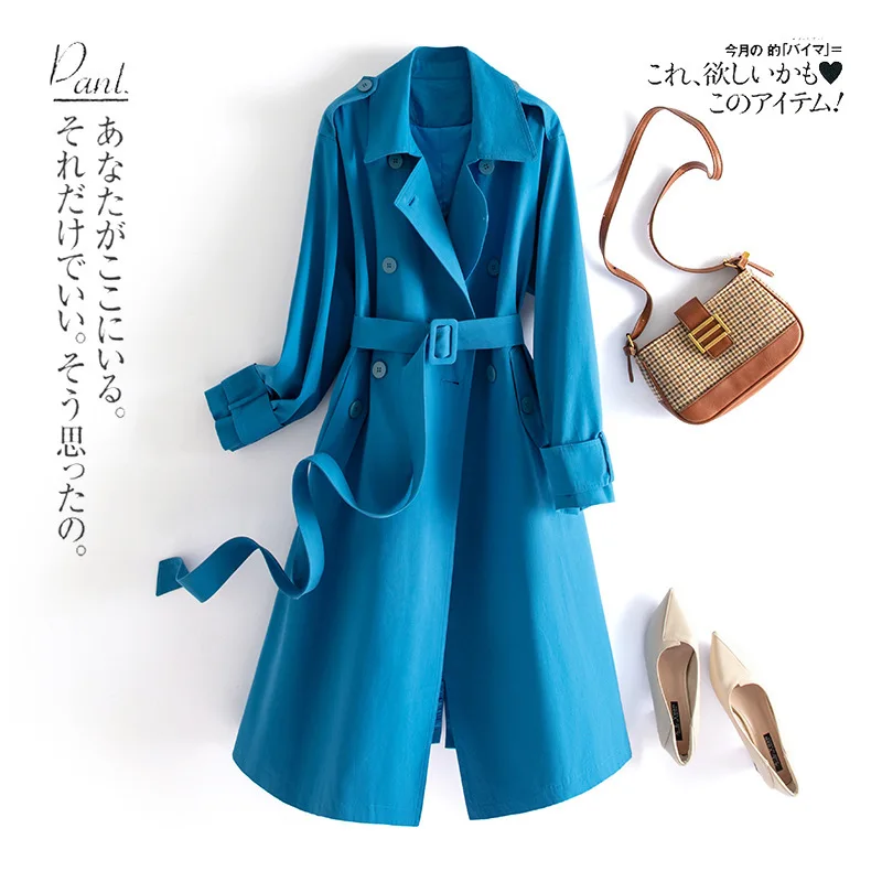 Spring Autumn Women Trench Coat Korean Fashion Elegant Casual Solid Color Long Overcoat Double Breasted Windbreaker With Belt