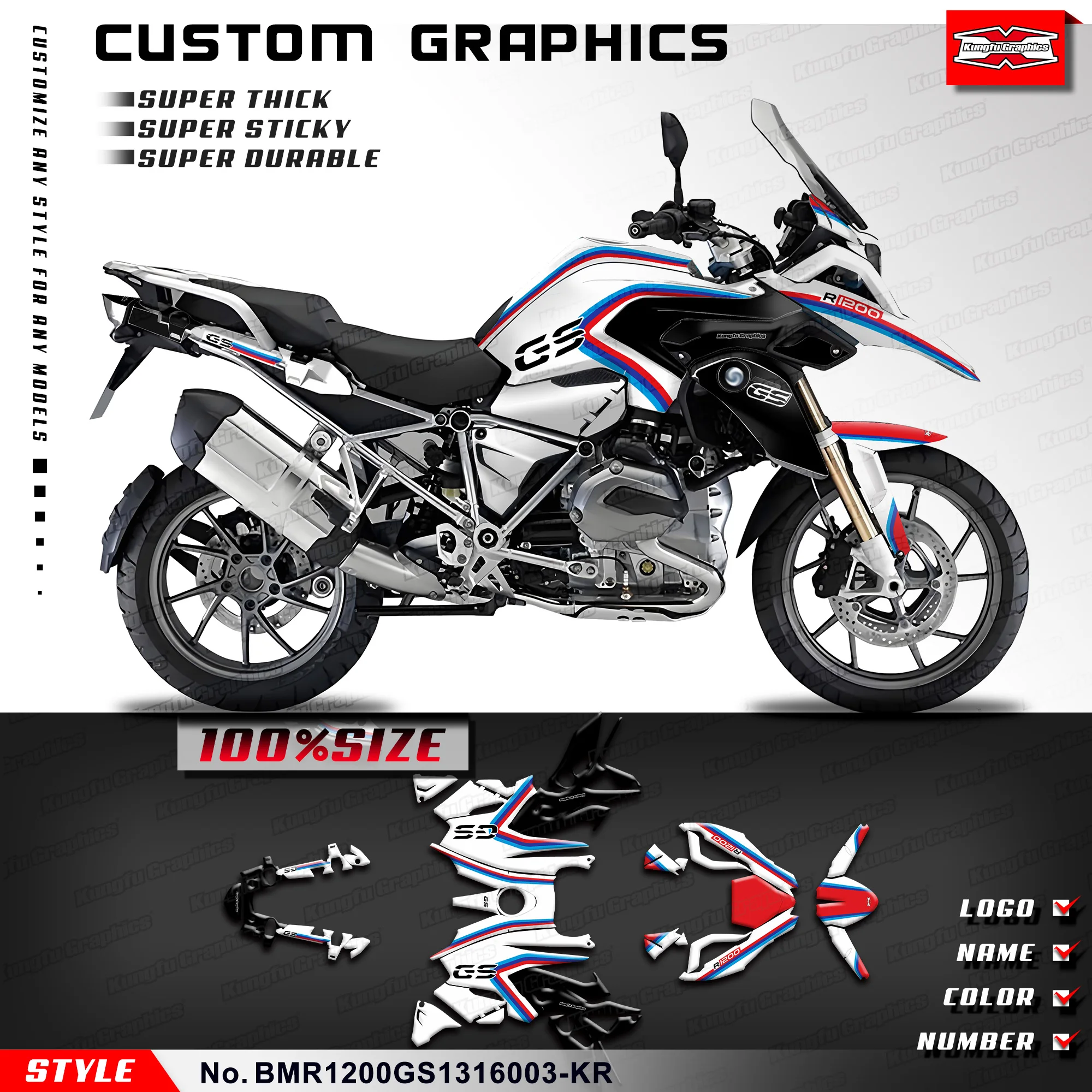 KUNGFU GRAPHICS Custom Adhesive Sticker Motorcycle Decals for R1200 GS R1200GS 2013 2014 2015 2016, Décor, BMR1200GS1316003-KR