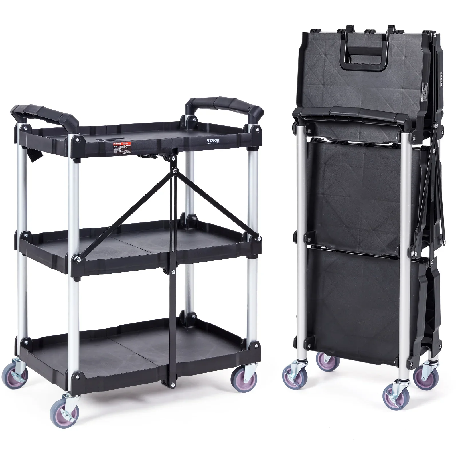 Foldable Utility Service Cart, 3 Shelf 165LBS Heavy Duty Plastic Rolling Cart, Ergonomic Handle,Portable Garage Tool Cart