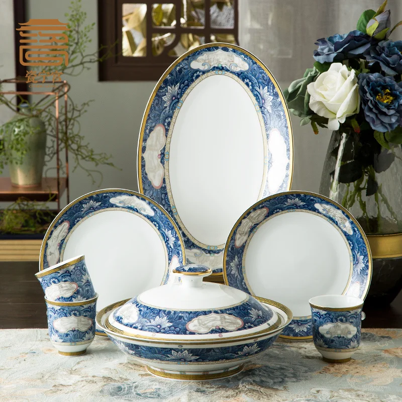 High Temperature Ceramic Plate Cutlery Chinese Blue and White Enamel Household Bowl Dishes Set Gift