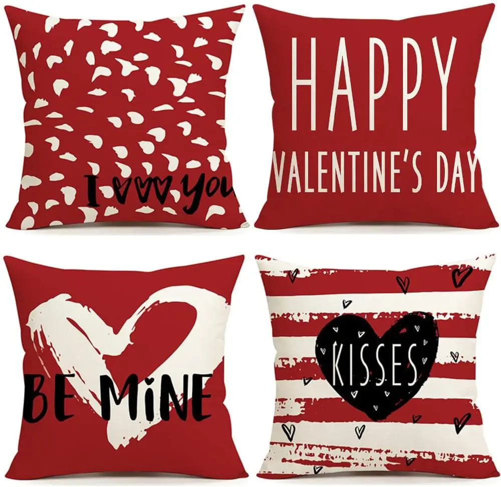 4Pcs Double‑Sided Valentine's Day Pillow Covers, Rustic Linen‑Imitated Love Theme Cushion Cases for Sofa Home Holiday Decor