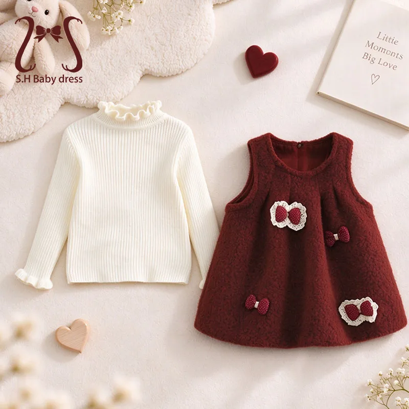 2Pcs/set Baby Girls Outfit Ruffle Mock Neck Knit Top Fleece Sleeveless Dress With Lace Bow Toddler Kids Fall Winter Clothes Set