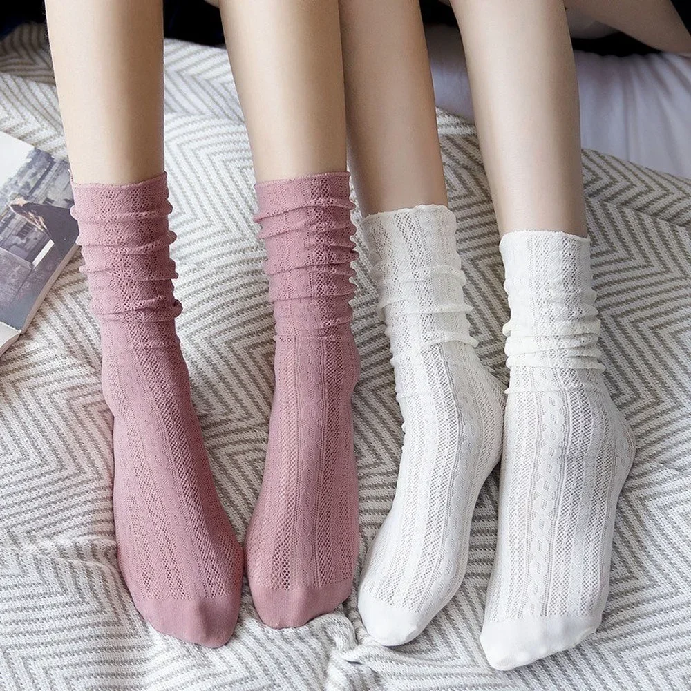 Japanese Solid Color Girls Cute Socks Spring Summer Mesh Hollow Women Socks Solid Color Female Harajuku Retro Vintage Long Socks