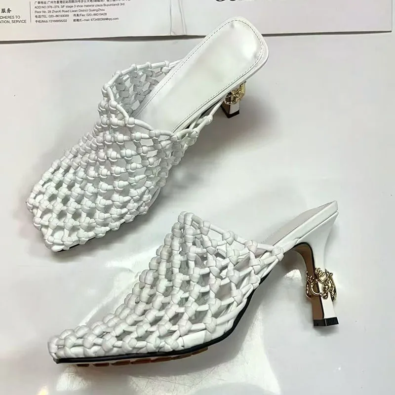 Silver Leather Hollow Sandals Woman Square Toe Strange High Heel Muller Slippers Lady Sexy Party Shoes view 6