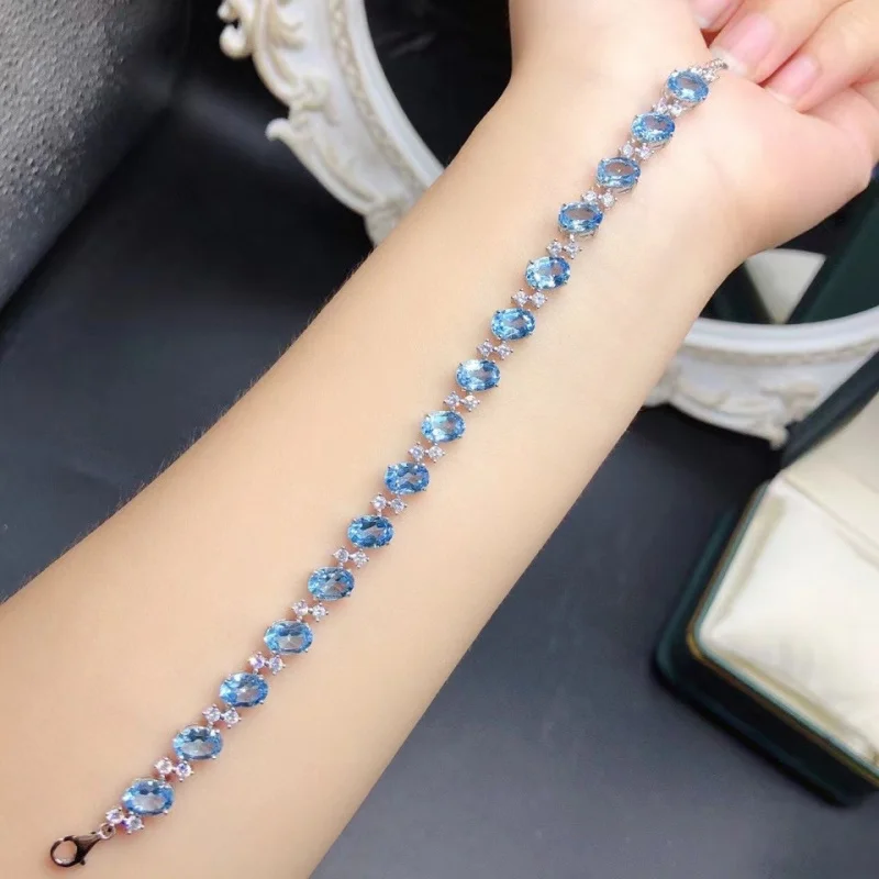 

New Bracelet S925 Silver Inlaid with Natural Blue Topaz Full Inlay Oval 5x7mm