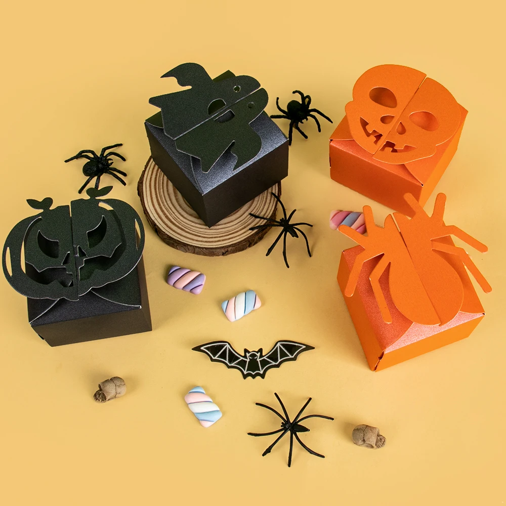 12pcs Orange Black Halloween Pumpkin Candy Box Spider Skull Paper Gift Boxes Trick Or Treat Snack Pack Box Halloween Party decor