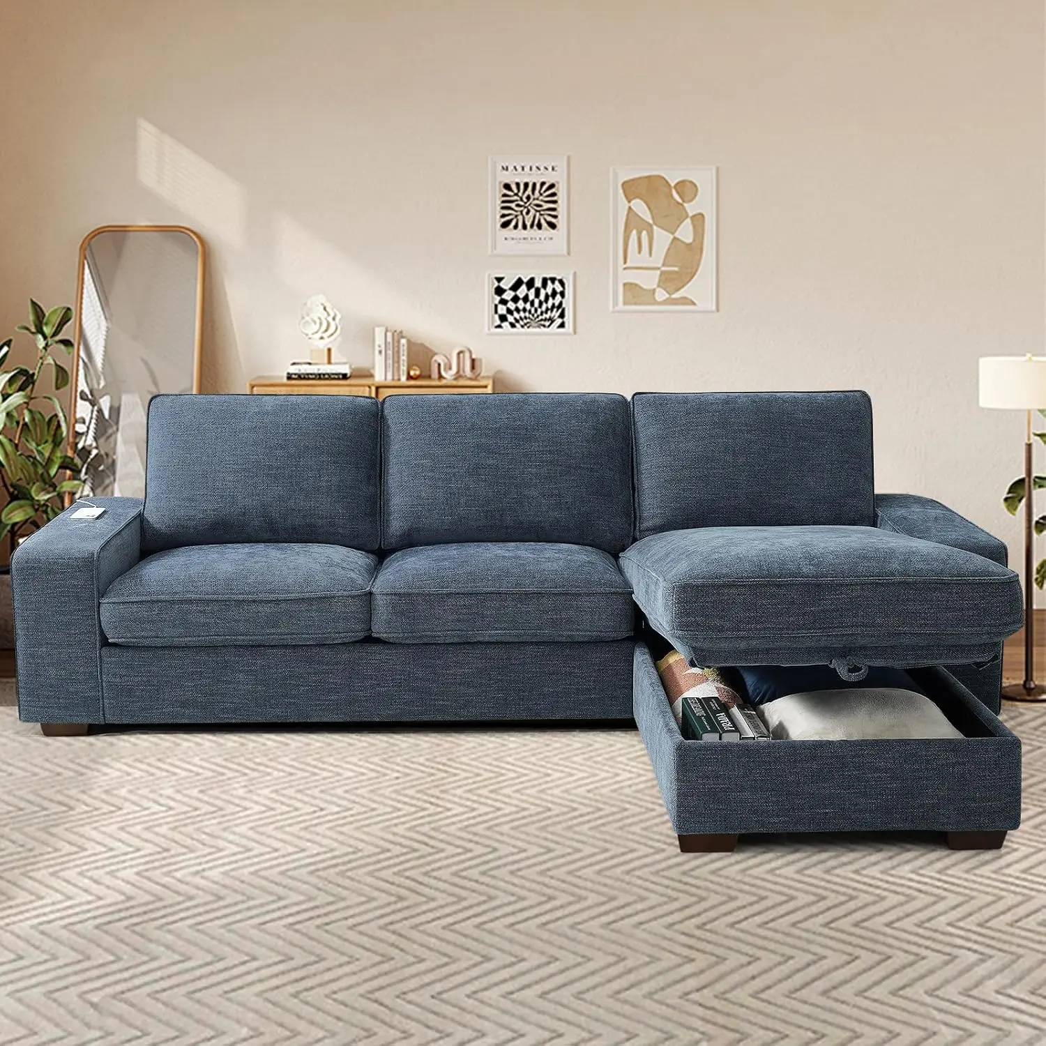 

L-Shape Convertible Sofas with Storage Chaise, Sofas with Removable Cushion and Detachable Cover,USB and Type-c Charging