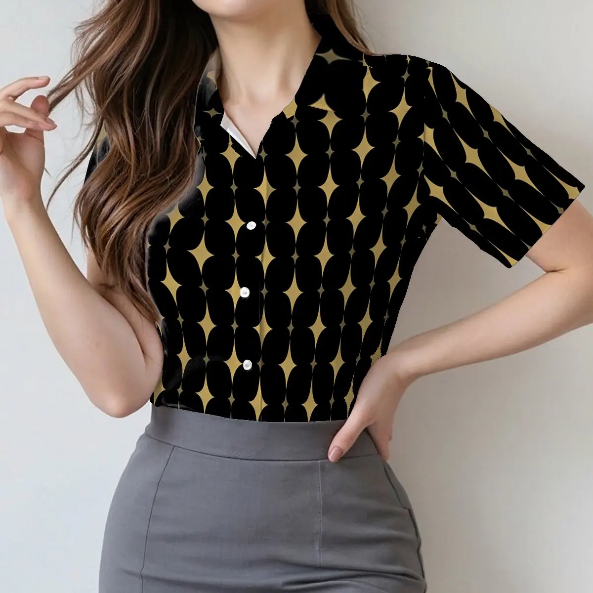 

Simple and personalized star printed women's short sleeved lapel shirt, summer fashion, daily versatile casual top