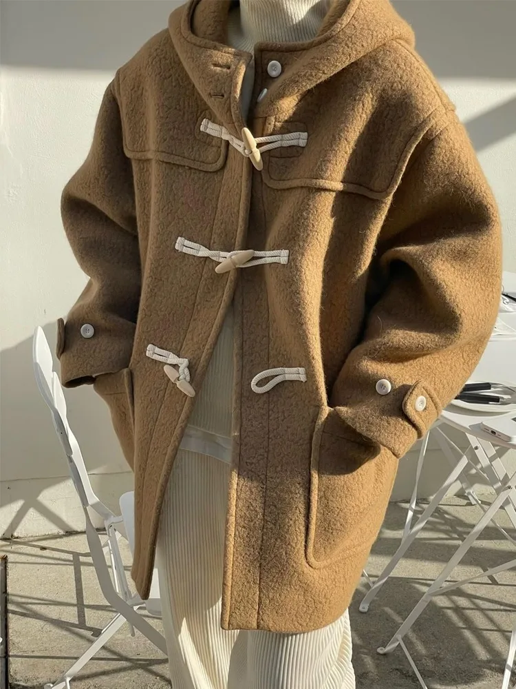 

Retro Hooded Tweed Coat Women's Korean Sle College Wind Mid-Length Winter New Woolen Outerwear Button Front Long Sve