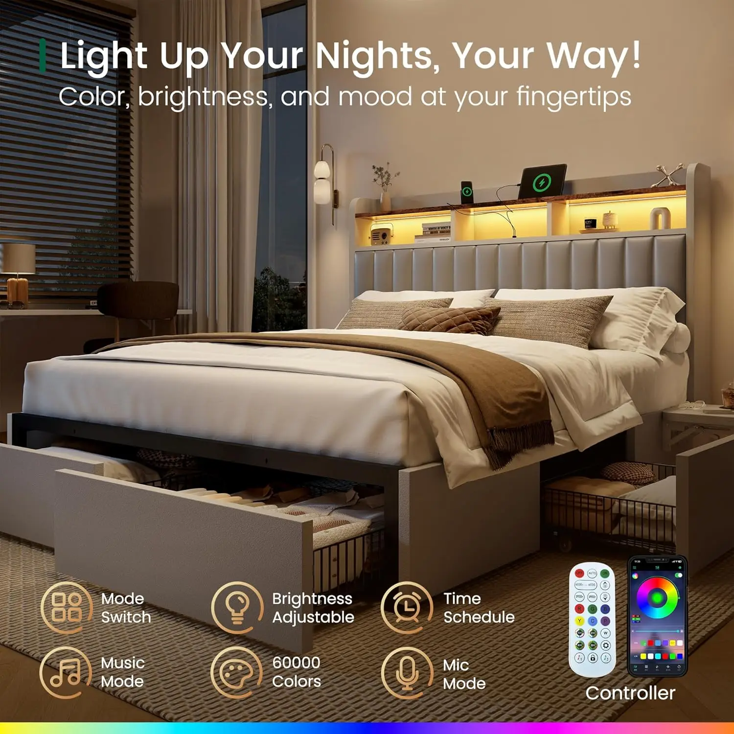King Bed Frame with Headboard 4 Drawers Adjustable Desk Charging Station Easy Assembly No Box Spring, Customized view 4