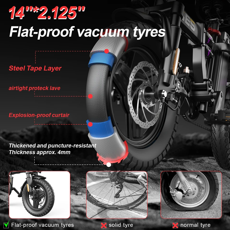 UPlee GE5 48V 15AH Battery EBike 30+MPH 250W Folding Electric Bike 30 Miles Max Range Electric Bike for Adults 14" Fat Tire image 8