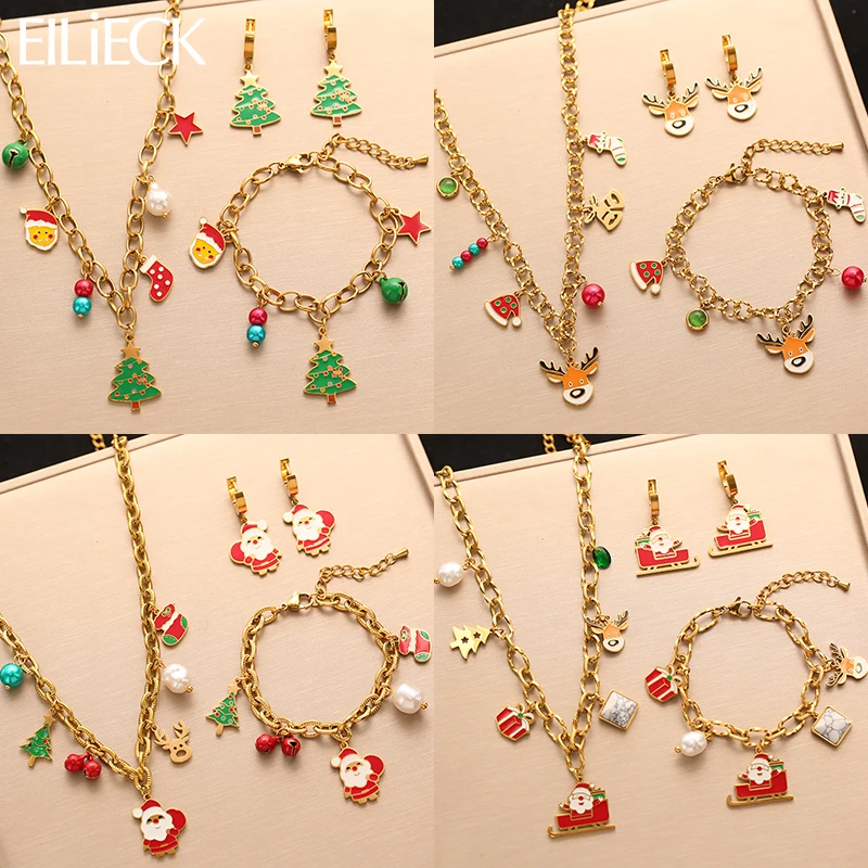 

EILIECK 316L Stainless Steel Christmas Element Necklace Bracelets Earrings Set For Women Fashion Handmade Jewelry Holiday Gift