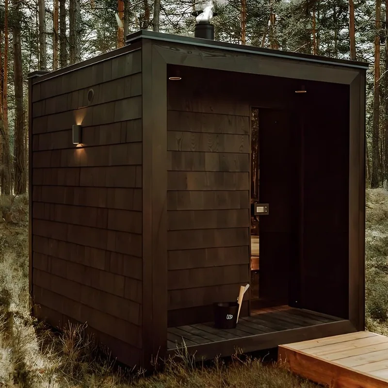 ساونا خشبية صلبة مربعة تقليدية، غرفة صحية للسبا للحمام البخاري، موقد كهربائي، موقد خشب بالأشعة تحت الحمراء #3
