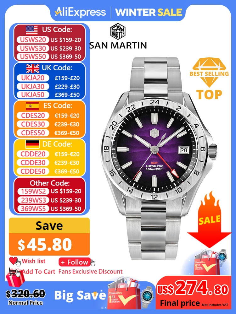 San Martin 39mm Purple Desert Texture Dial Luxury Men Dress Watch  NH34 GMT Automatic Mechanical Waterproof 100m Luminous SN0129