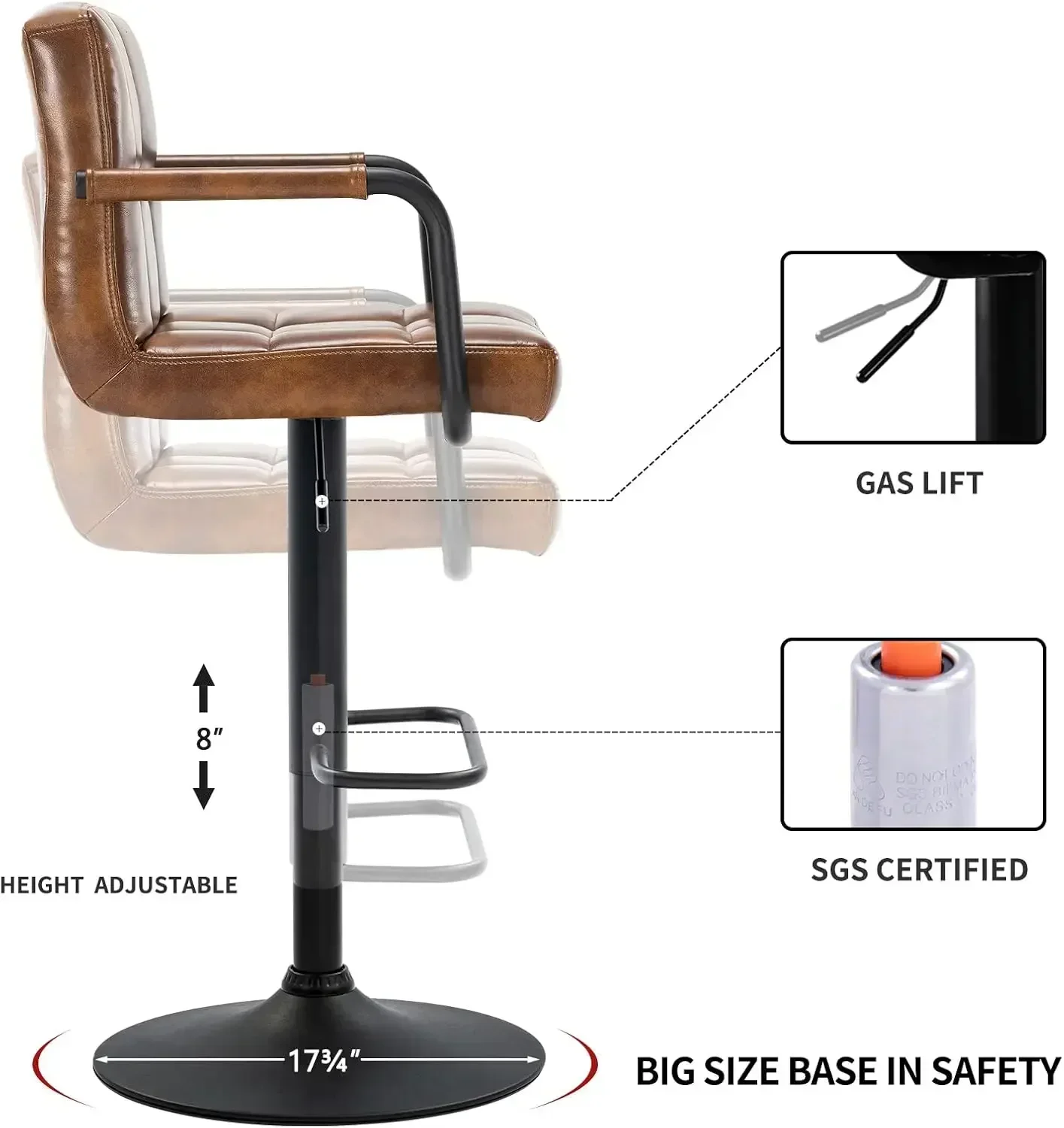 Adjustable Bar Stool Swivel Barstools Set of 4 Counter Stools with Armrest and Footrest Upholstered Bar Chairs
