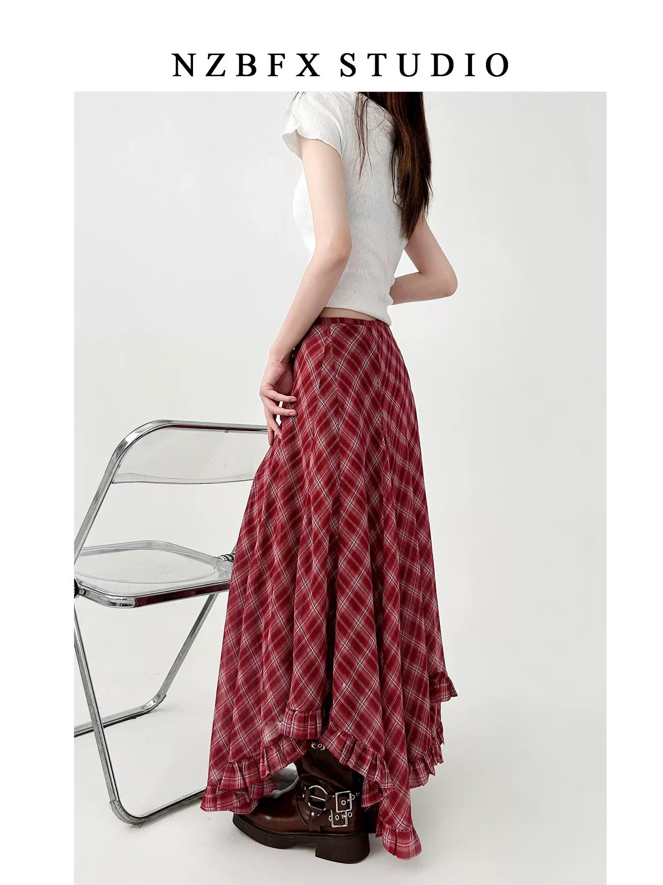Spring Summer Vintage Two-Tone Plaid Midi Asymmetrical Hem A- Line Skirt Large Flounce Midi Length Silk Half Body Skirt