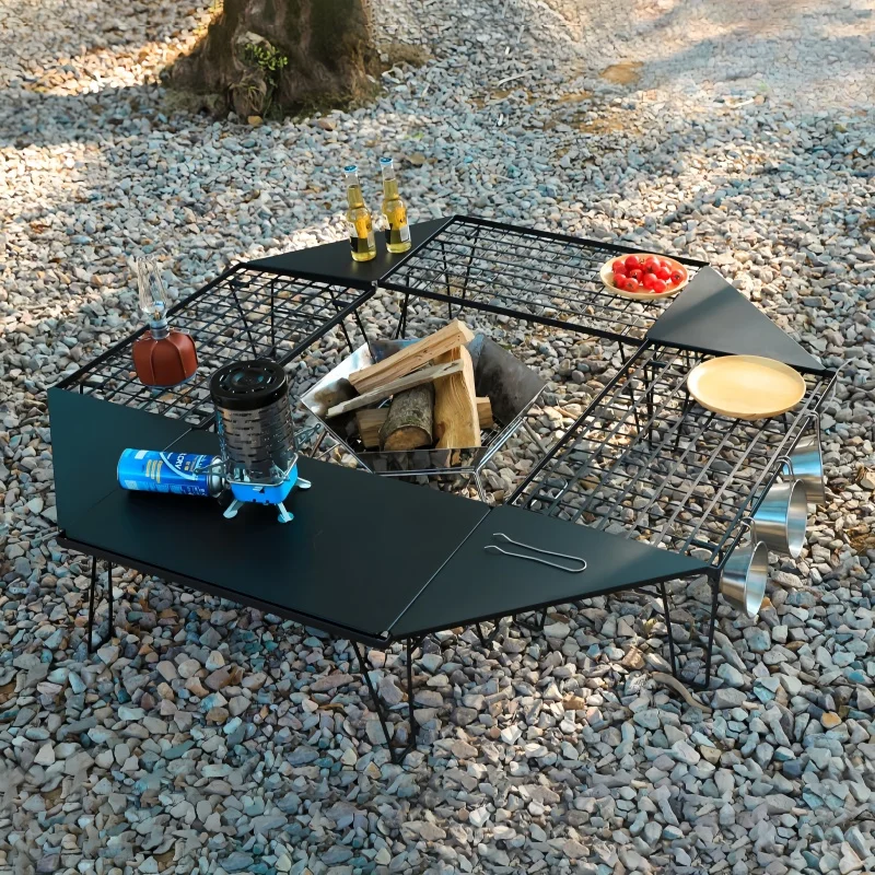 Outdoor Camping Foldable Mesh Table Multi-functional Grill Barbecue Picnic Rack Family Portable BBQ Table With Table Board