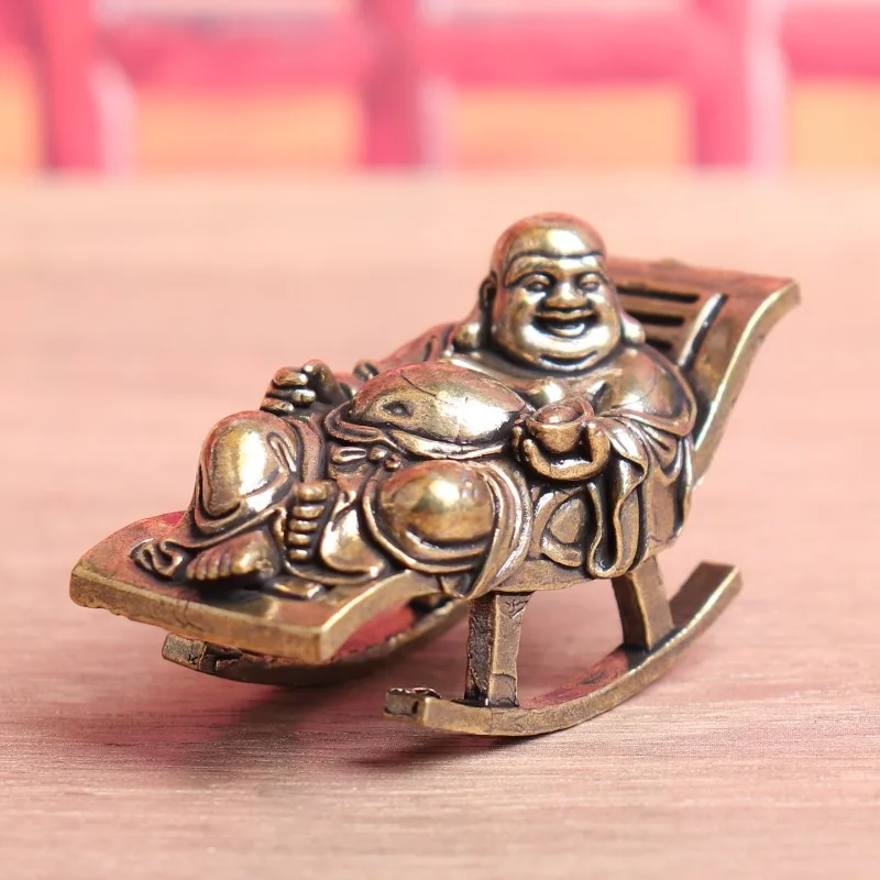 Vintage Brass Laughing Buddha Figurine Mini Happy Buddha on Rocking Chair Statue Desktop Ornament Retro Feng Shui