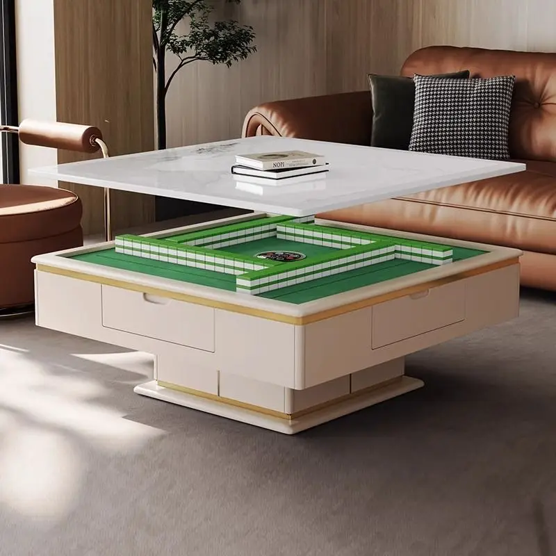 

Rock slab mahjong table integrated dining light luxury modern square multi-functional lifting dual-purpose household living room
