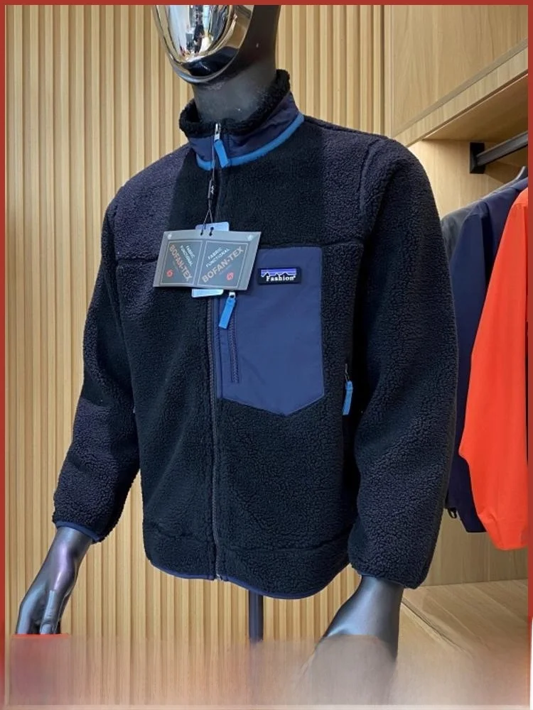 Chaqueta de Invierno Estilo Americano de Alta Gama, ex, con Piel de Cordero, Combinación de Colores en Contraste, Forro P...