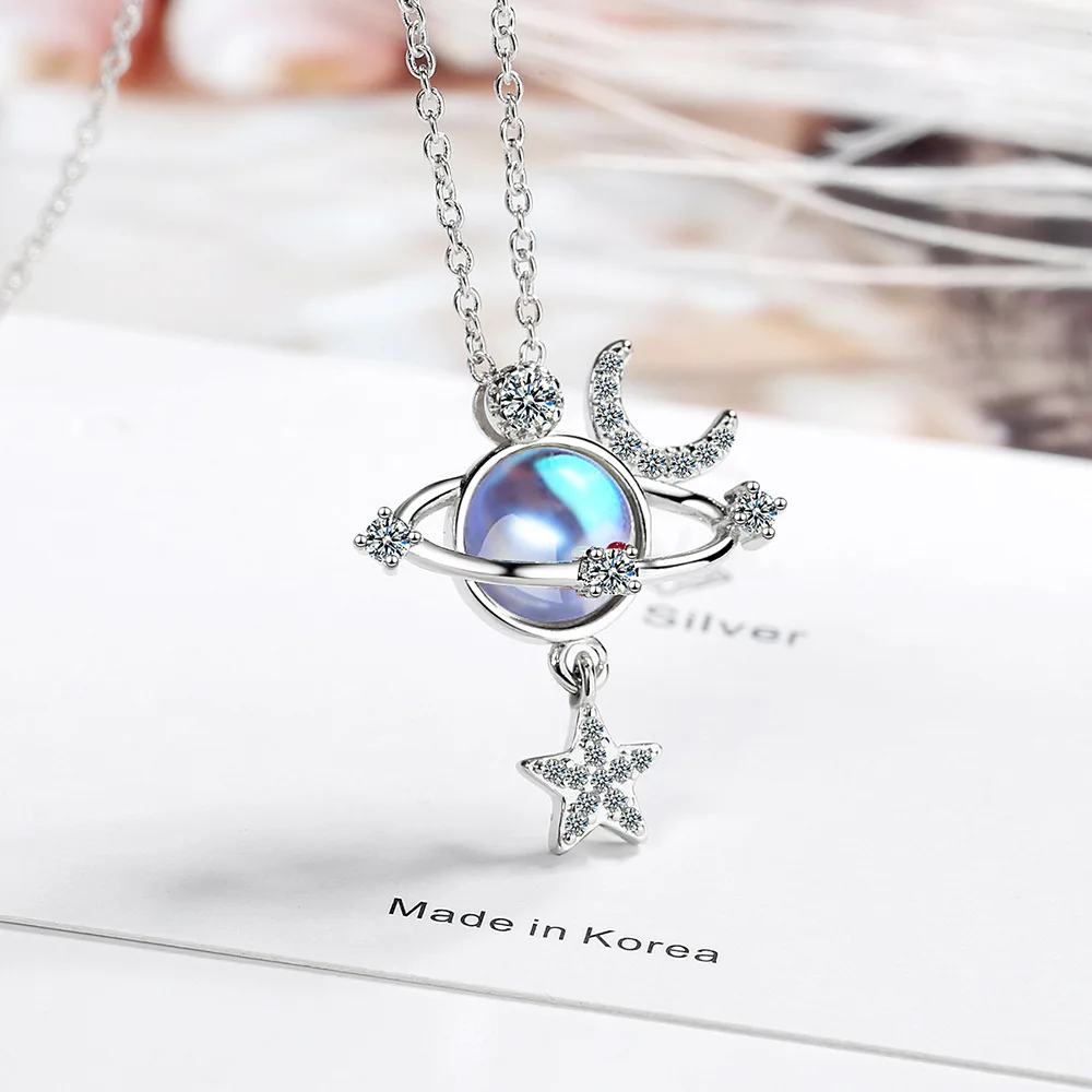 925 Sterling Silver Women Chain On The Neck Collarbone Necklace For Women Universe Star Moon Crystal Pendant Chain Jewelry