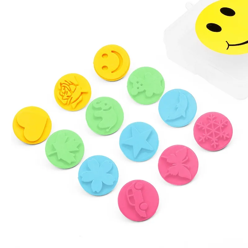 12pcs/Set Kid DIY Sponge Stamp Brush Kindergarten Pattern Rubbings Graffiti Seal Cute Animal Flower Painting Seal For Boys Girls