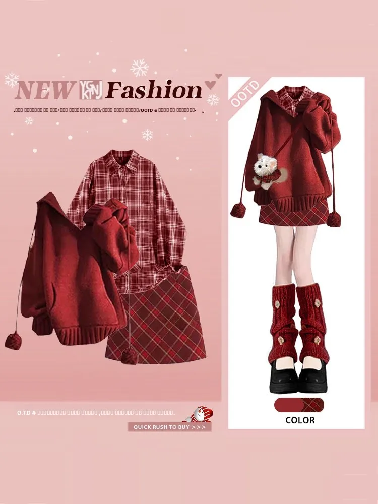 

Новогодняя шляпа Sweet Aosphere, толстовка в клетку, юбка irt ort, женский комплект Faion, футболка Long Sve irt Sweet Sle