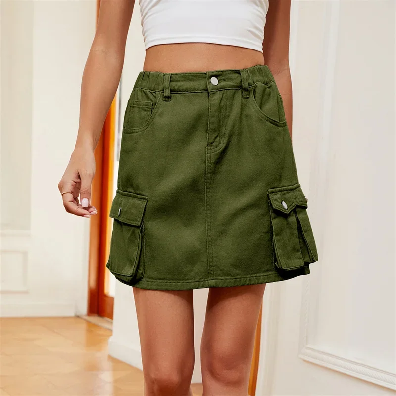 Vintage Women Denim Skirt Hem Patchwork Pocket High Waist New Washable Half-body Dresses Female Casual Workwear Style Streetwear