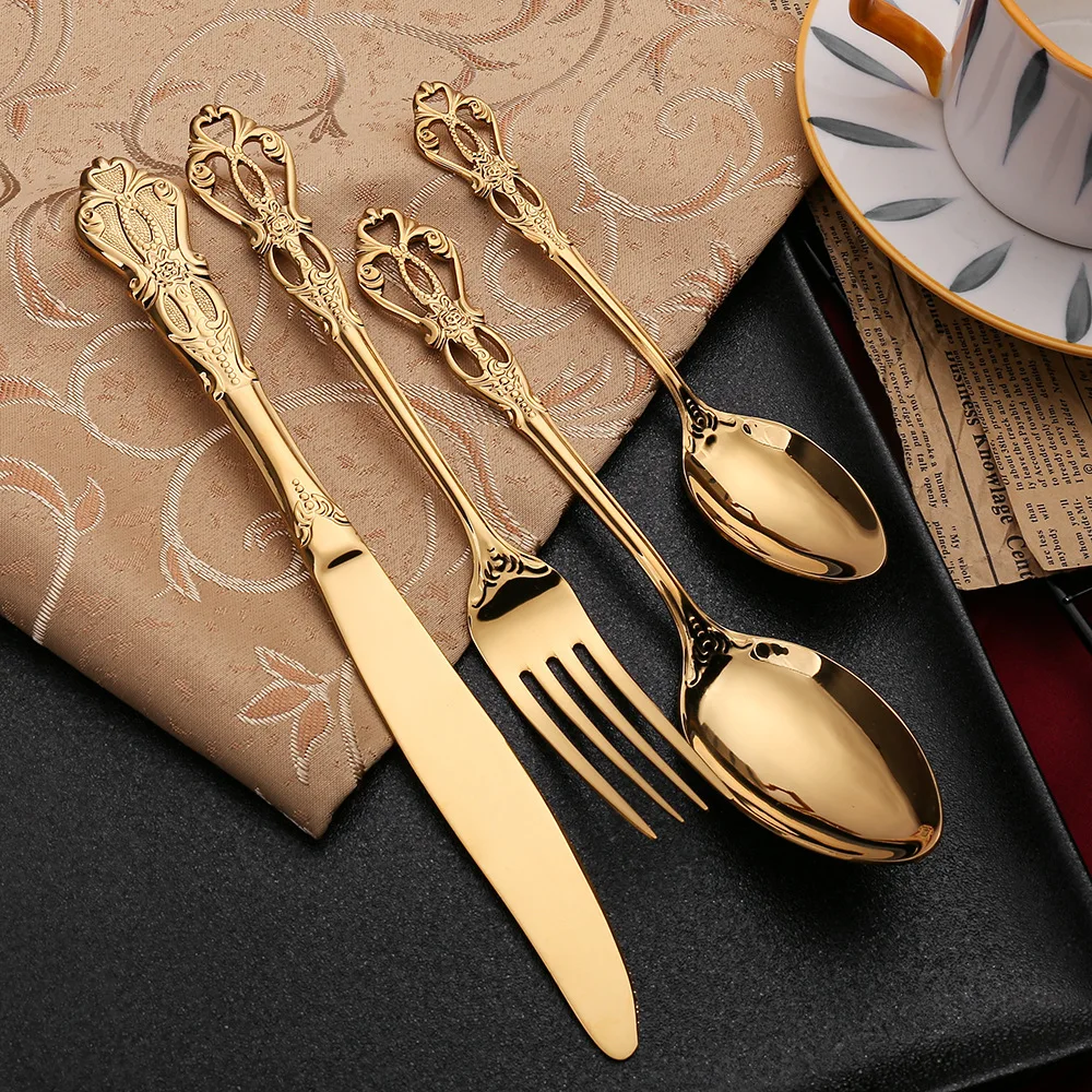 24pcs KuBac Luxury Golden Stainless Steel Steak Knife Fork Set Gold Cutlery Set With Luxury Wood Gift Box 16Pcs Drop Shipping