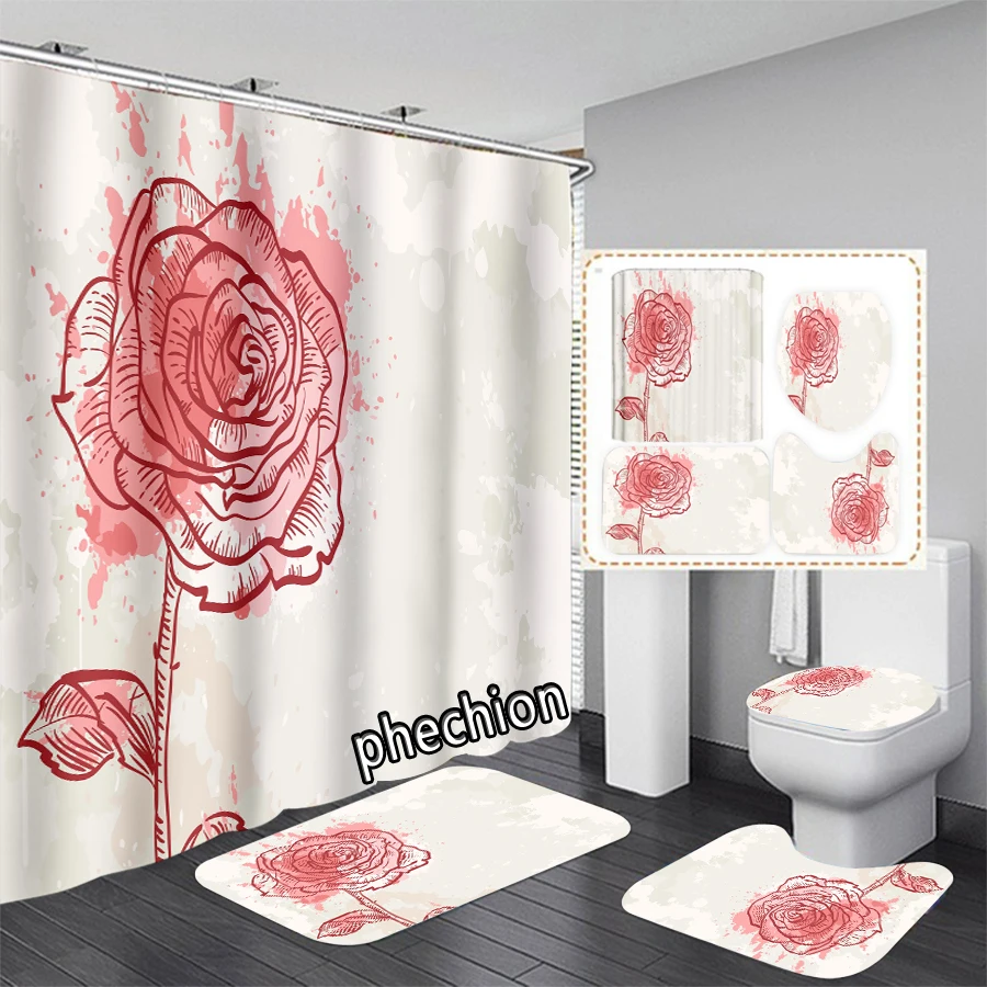 New Gold Rose art 3D Print Shower Curtain Waterproof Bathroom Curtain Anti-slip Bath Mat Set Toilet Rugs X01