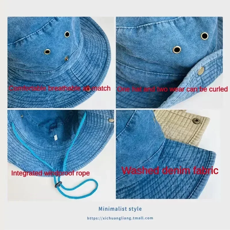 2024 Blue Cowboy Bucket Hat with String  Men Denim Beach Sun Hat for Women Outdoor Hiking Couple Bob Panama Summer Fisherman Hat