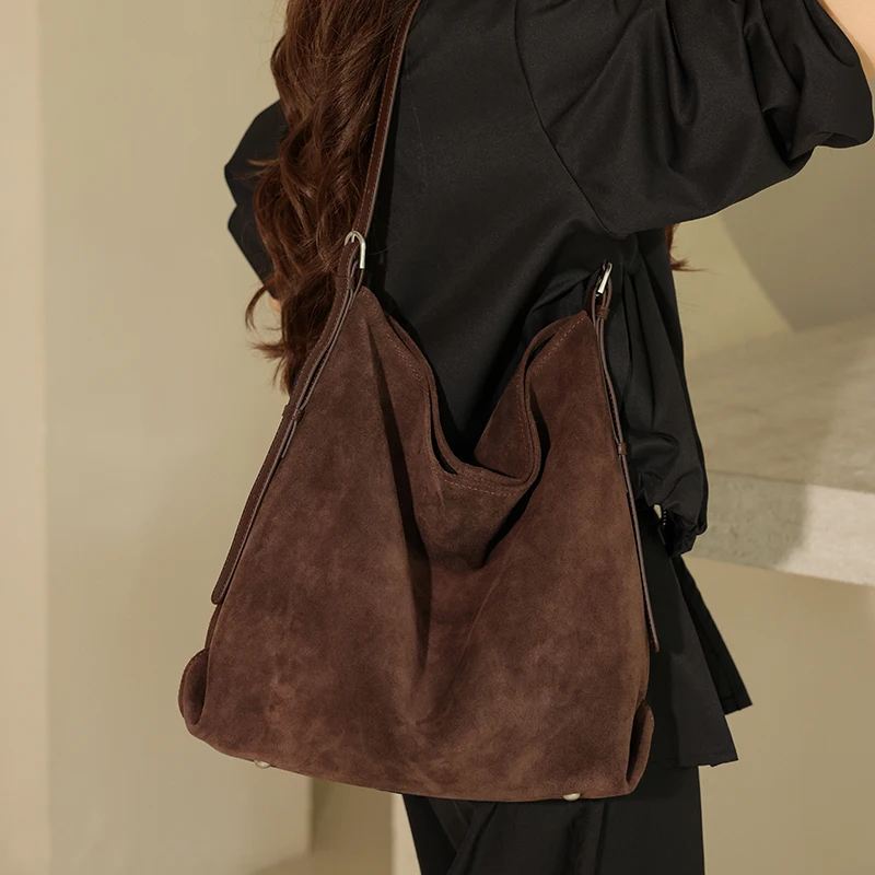 Genuine Leather Women Handbags Autumn Winter Vintage Large Capacity Shoulder Bag For Ladies Matte Suede Cowhide Commuter Bags