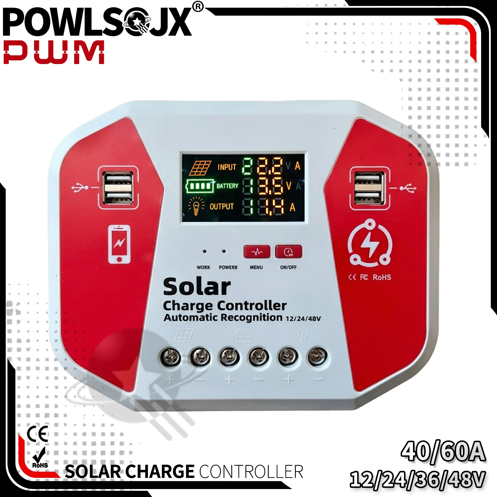 POWLSOJX Solar Charge Controller 30A 40A 60A 80A 100A 12V 24V 48V Auto PV Regulator with LCD Display 4 USB for Lead Acid Li